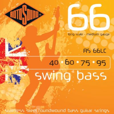 Orange Rotosound Swing Bass 66 packaging shows a silhouette of a bassist with UK flag; stainless steel roundwound bass guitar strings, gauges 40-60-75-95.