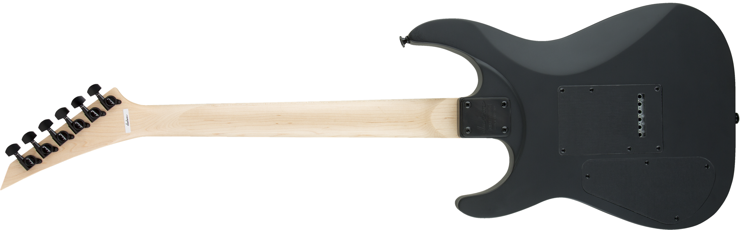 Electric guitar viewed from the back, showing a light wood neck, black tuners, and a matte black contoured body with access plates and screws.