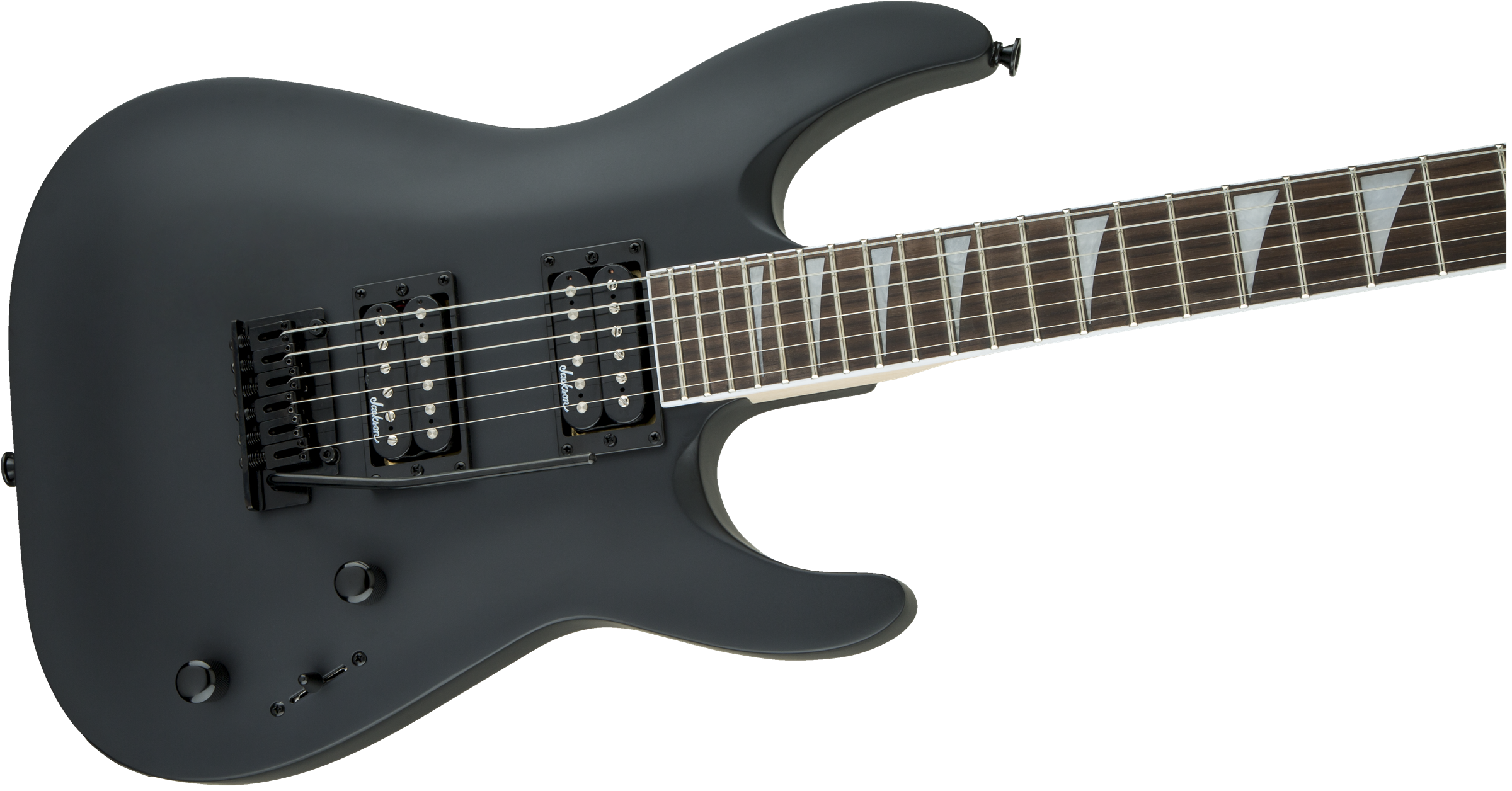 Matte black electric guitar with two humbucker pickups, a tremolo bridge, two knobs, and large white triangle inlays on the fretboard.