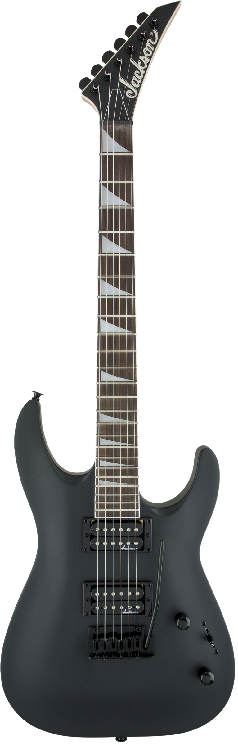 Matte black Jackson electric guitar with two humbucker pickups, shark fin inlays on fretboard, Floyd Rose tremolo, and pointed headstock.