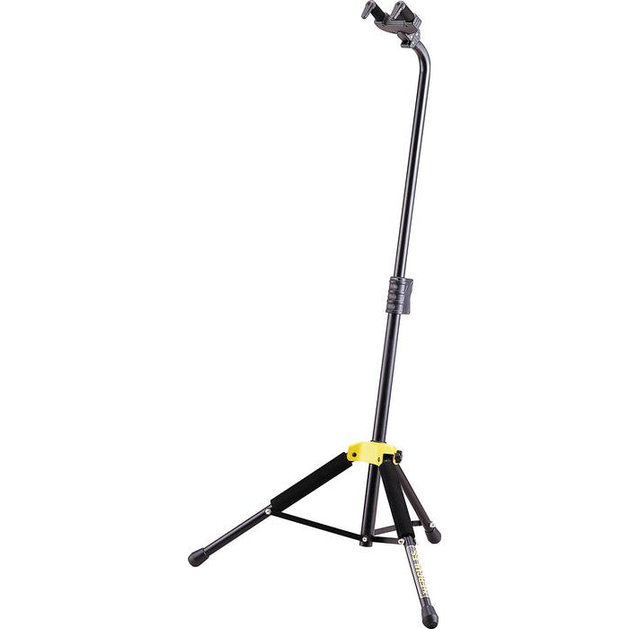 Black tripod guitar stand with a yellow hinge and an adjustable neck support at the top.