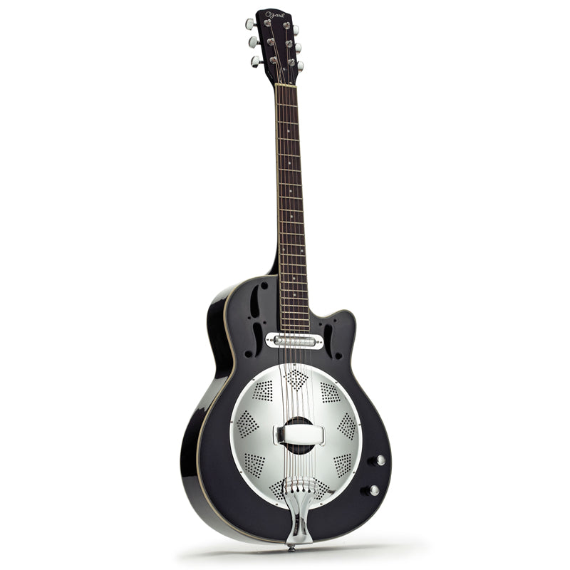 Black resonator guitar with a round silver metal plate on the body, six strings, and a classic wooden neck with tuning pegs.