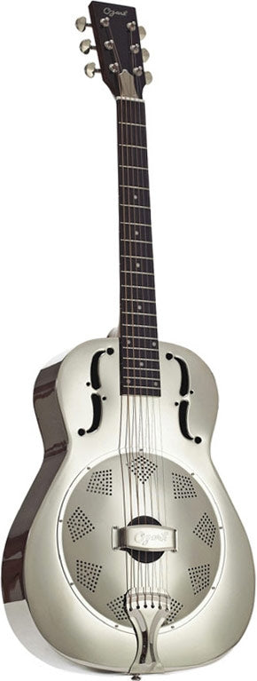 Shiny metal-bodied resonator guitar with f-shaped sound holes and a circular cover plate featuring diamond-shaped vents.