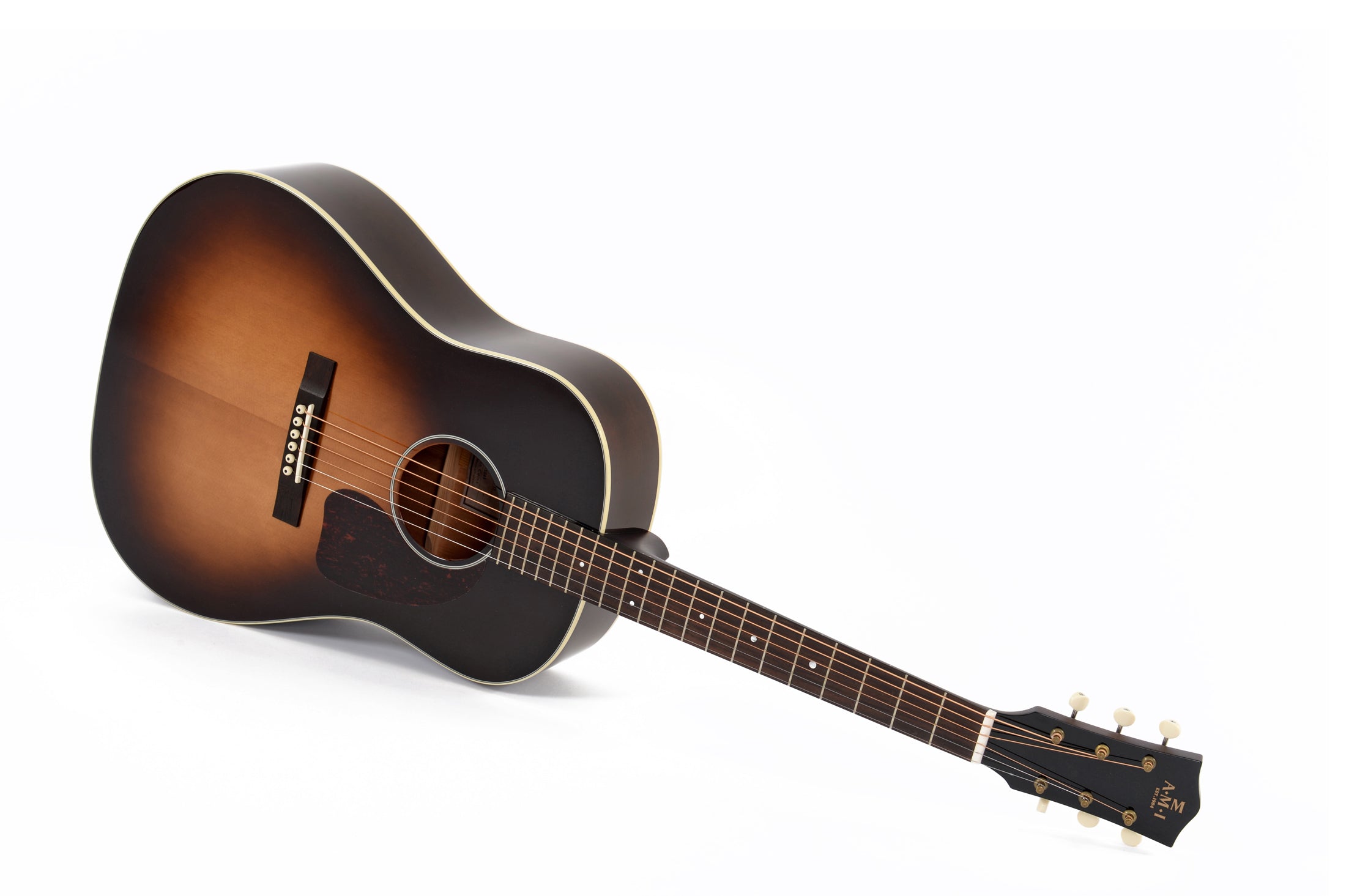 Acoustic guitar with a sunburst finish, dark edges fading to a lighter center, six strings, and cream binding along the body and neck.