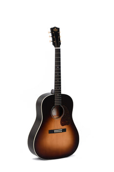 Acoustic guitar with a dark sunburst finish, white trim, six strings, and a tortoiseshell-style pickguard. The headstock is labeled Sigma.