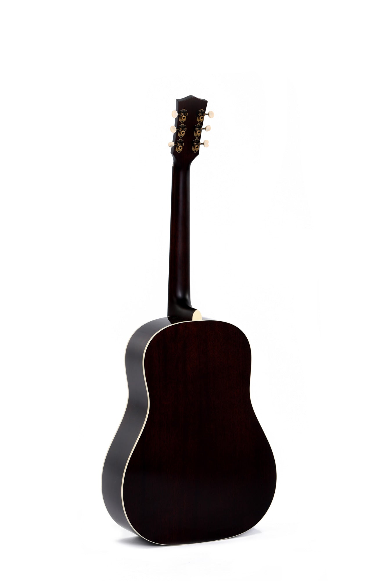 Dark wood acoustic guitar shown from the back, cream binding along the edges, gold tuning pegs with cream knobs on the headstock.