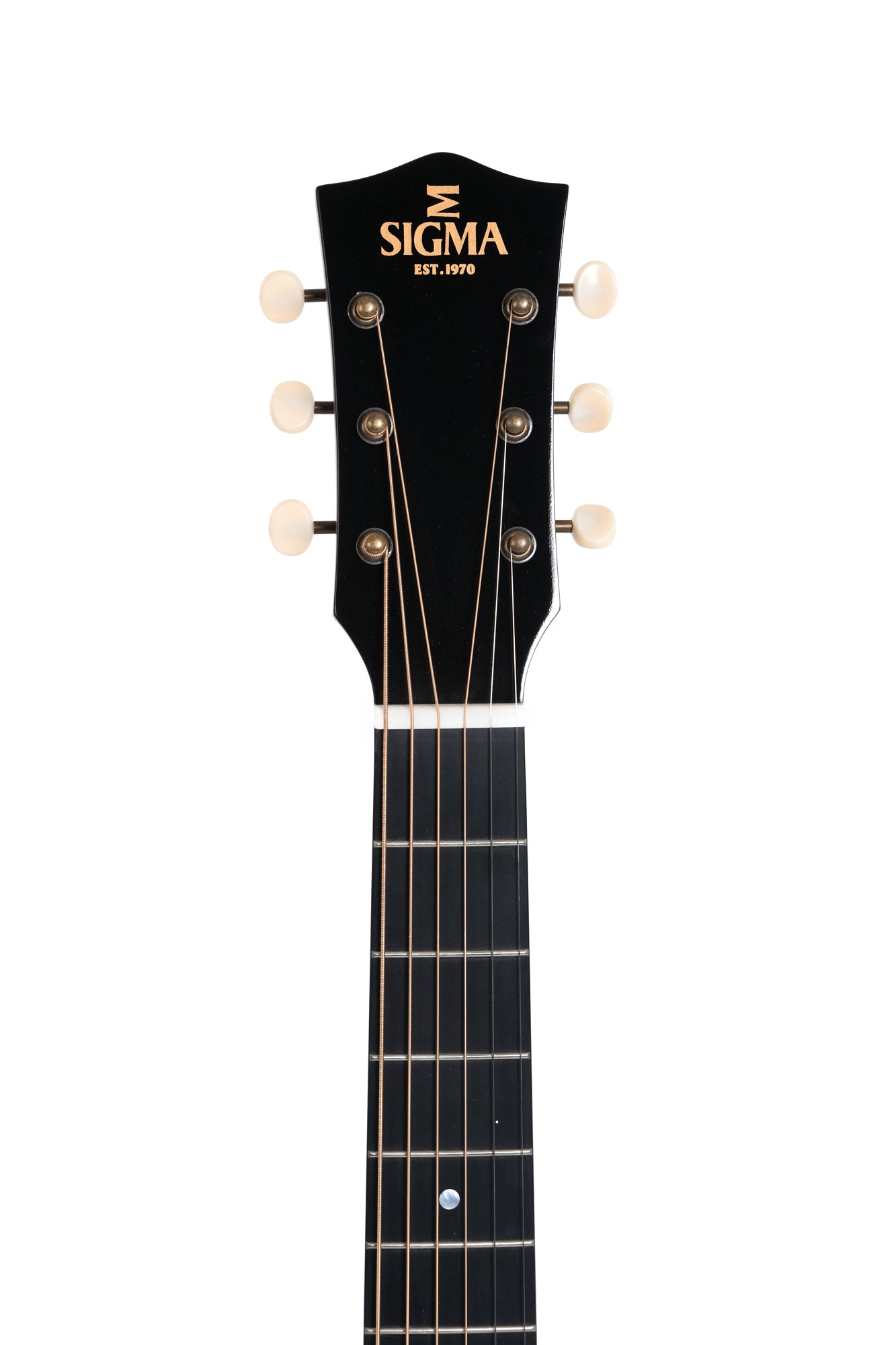 Black acoustic guitar headstock with six white tuning pegs and the gold SIGMA logo with "EST. 1970" text above the fretboard.