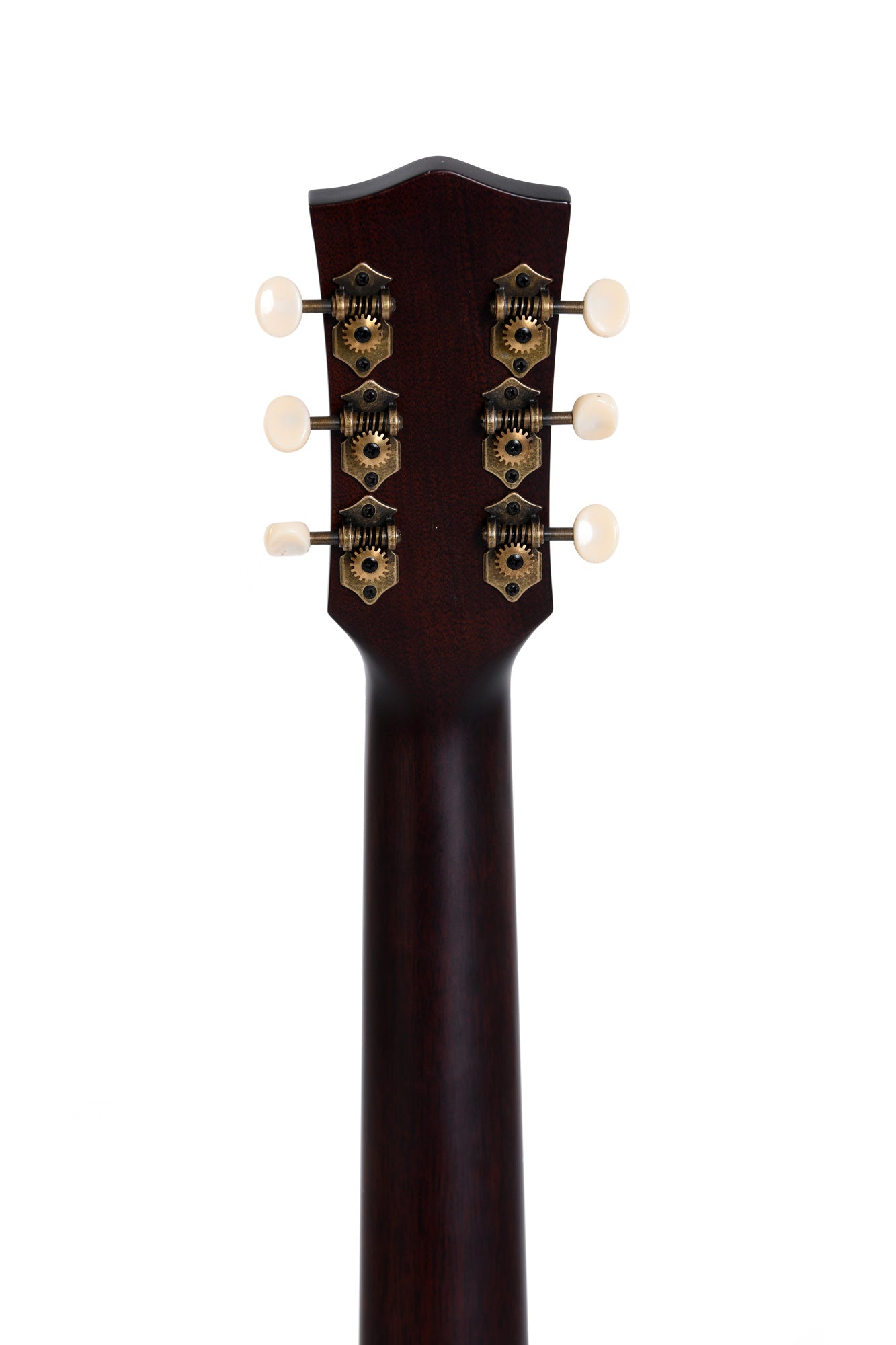 Rear view of an acoustic guitar headstock showing six vintage-style tuning pegs with white buttons on a dark wood neck.