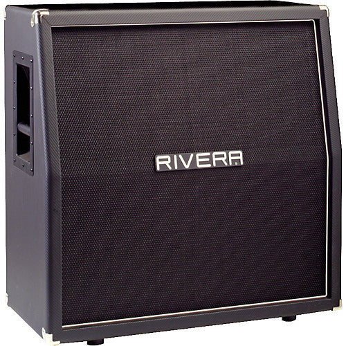 Large black Rivera amplifier cabinet with a slanted front, textured grille, metal corners, and side handles for carrying.