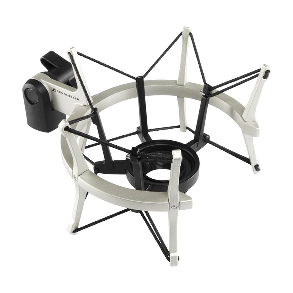 Silver and black Sennheiser microphone shock mount with elastic suspension bands and a clamp for attaching to a stand.
