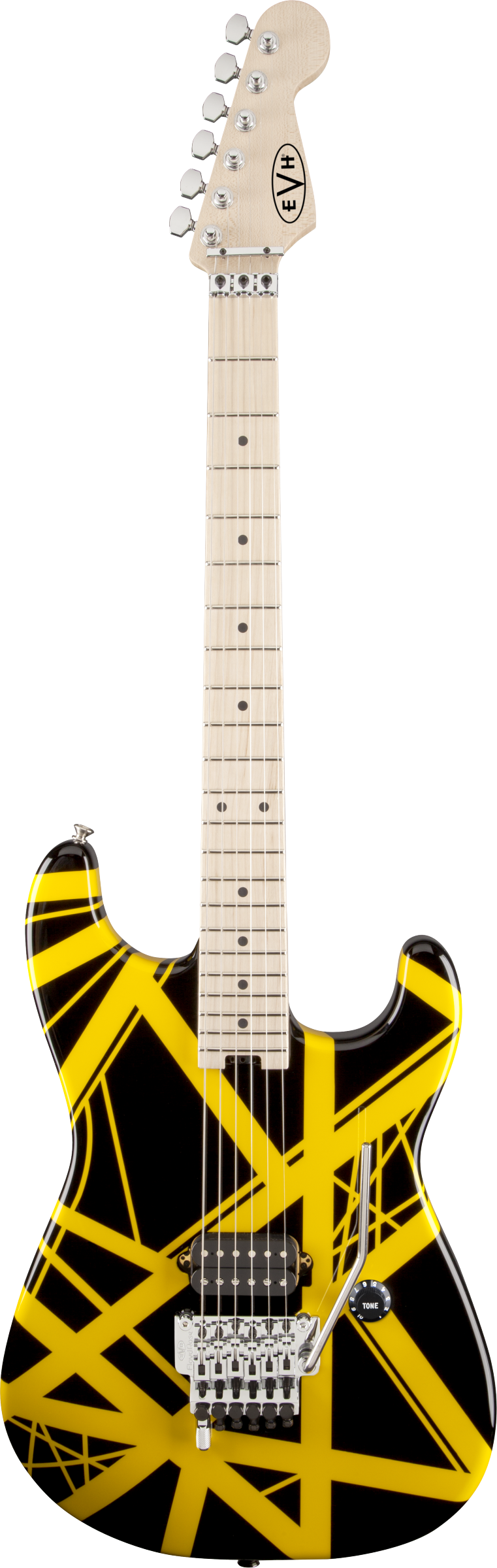 Electric guitar with a black body covered in bold yellow diagonal stripes, maple neck and fretboard, single humbucker pickup, and Floyd Rose bridge.