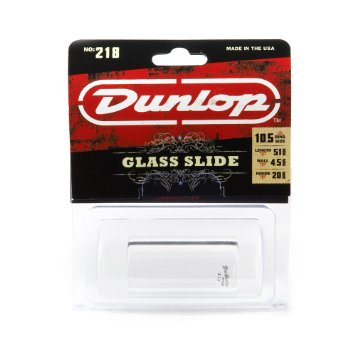 Dunlop glass slide for guitar, cylindrical and clear, packaged in a plastic case with product info and specifications on black and red backing.