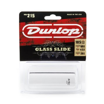 Dunlop Glass Slide for guitar, cylindrical clear glass tube in plastic packaging with black and red label, size and specs listed on front.