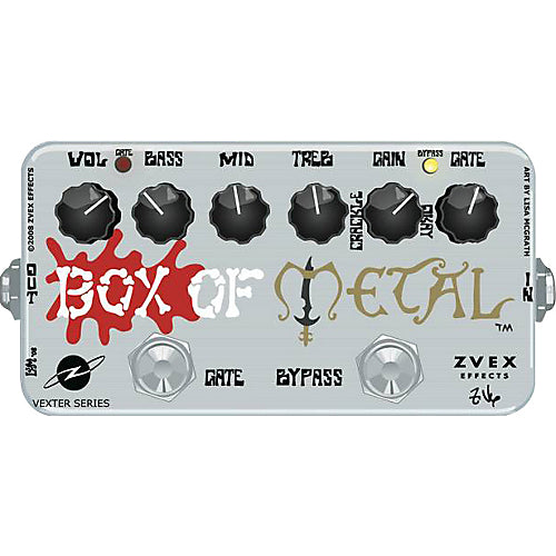 ZVEX Box of Metal effects pedal features six black knobs, two footswitches labeled Gate and Bypass, and stylized red and gold text on a silver case.