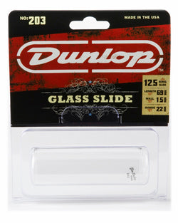 Clear Dunlop glass slide for guitar displayed in plastic packaging, labeled with size and product info on a red and black card.