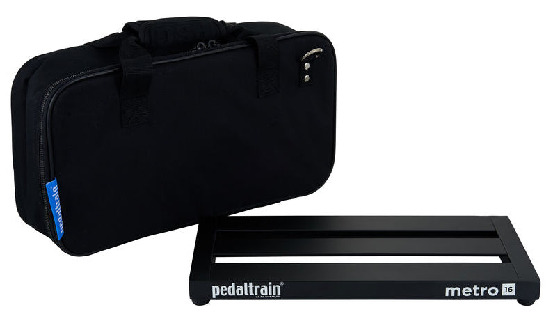 Black Pedaltrain Metro 16 pedalboard with three slats, shown with a matching padded carrying bag featuring a zipper and handles.