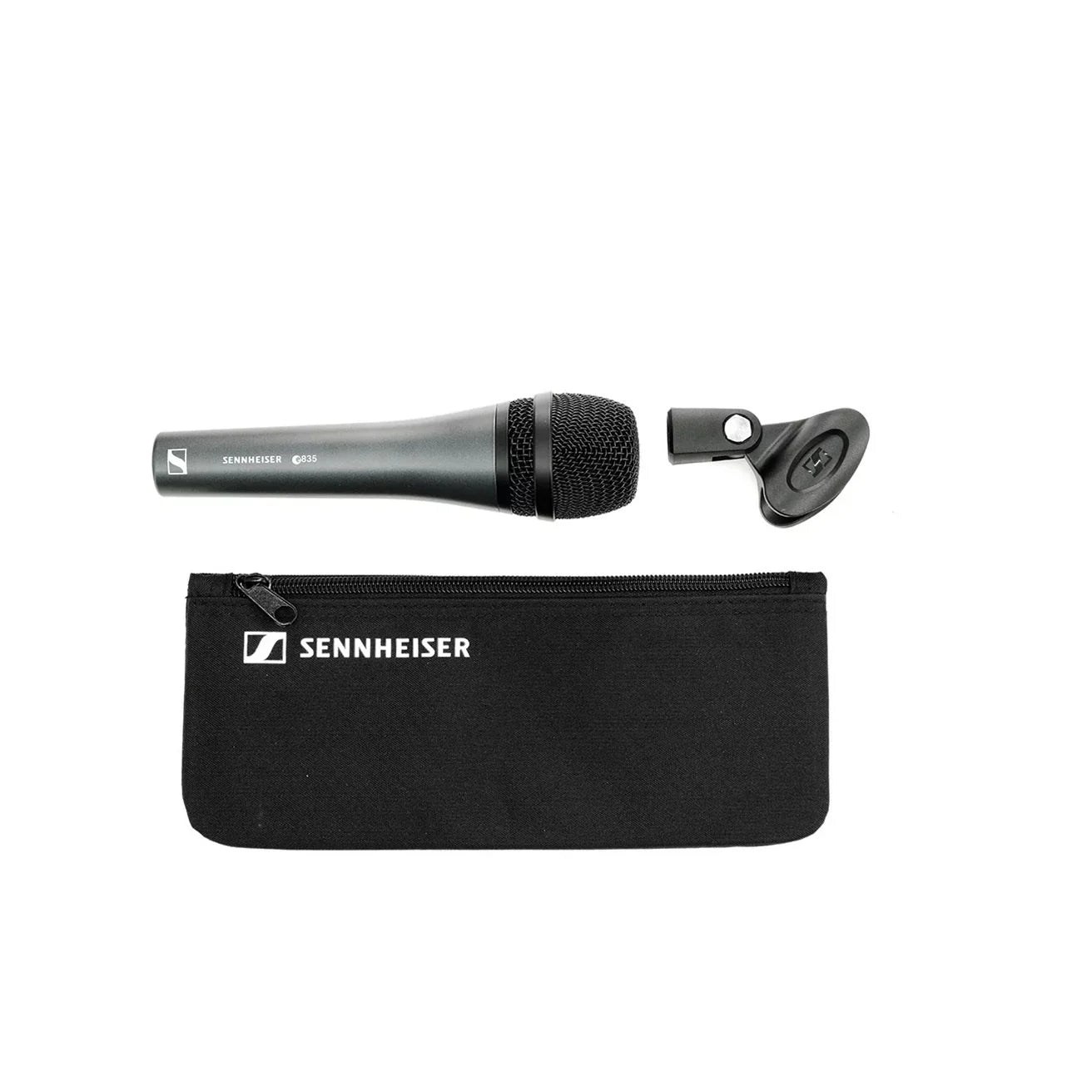Sennheiser handheld microphone with a black clip and a zippered carrying pouch displaying the Sennheiser logo.