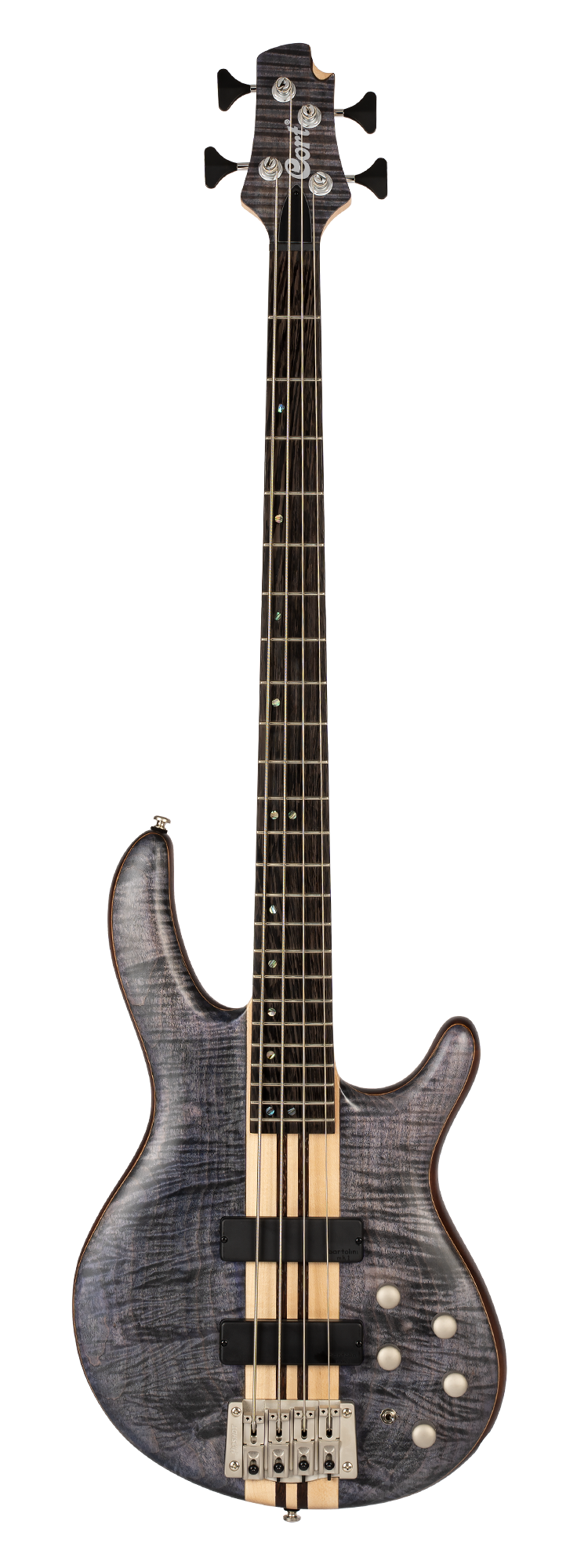 Four-string electric bass guitar with a dark flamed wood finish, five control knobs, two black pickups, and a silver bridge.