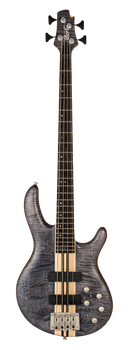 Four-string electric bass guitar with a dark flamed wood finish, five control knobs, two black pickups, and a silver bridge.