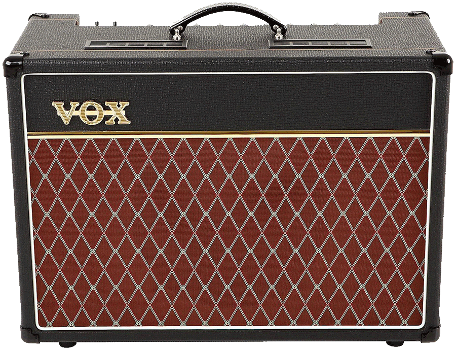 Vox amplifier with a black top, gold logo, and a brown front grille featuring a white diamond pattern. Carry handle on top.