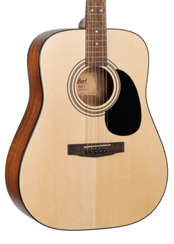 Light wood acoustic guitar with a dark wood bridge, black pickguard, and six strings. The sides are a darker brown wood.