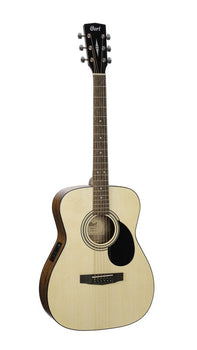 Six-string acoustic guitar with a light wood top, dark wood sides, black pickguard, and circular sound hole; control panel on the side.