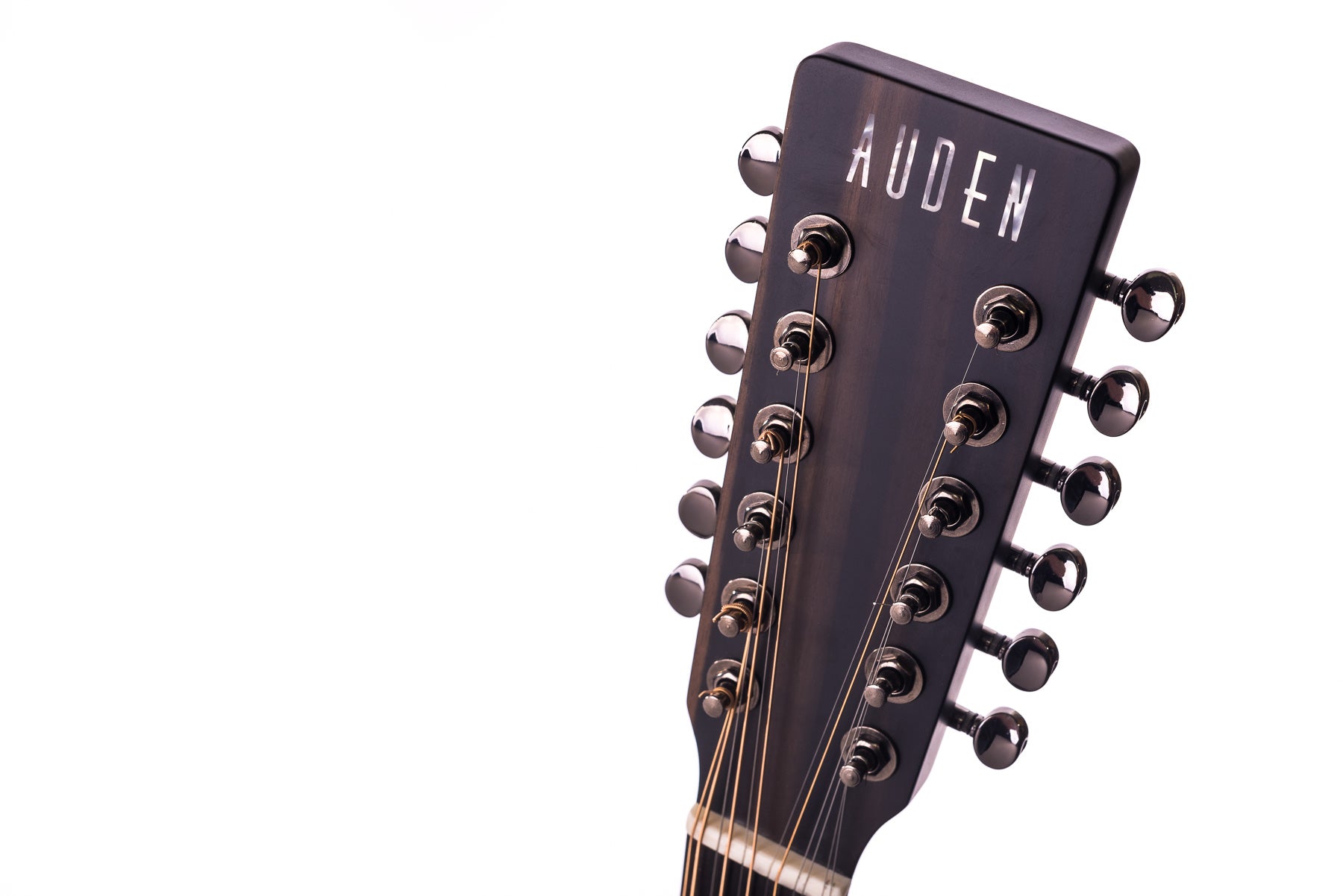 Closeup of a 12-string acoustic guitar headstock, dark wood with twelve tuning pegs and "AUDEN" inlaid at the top.