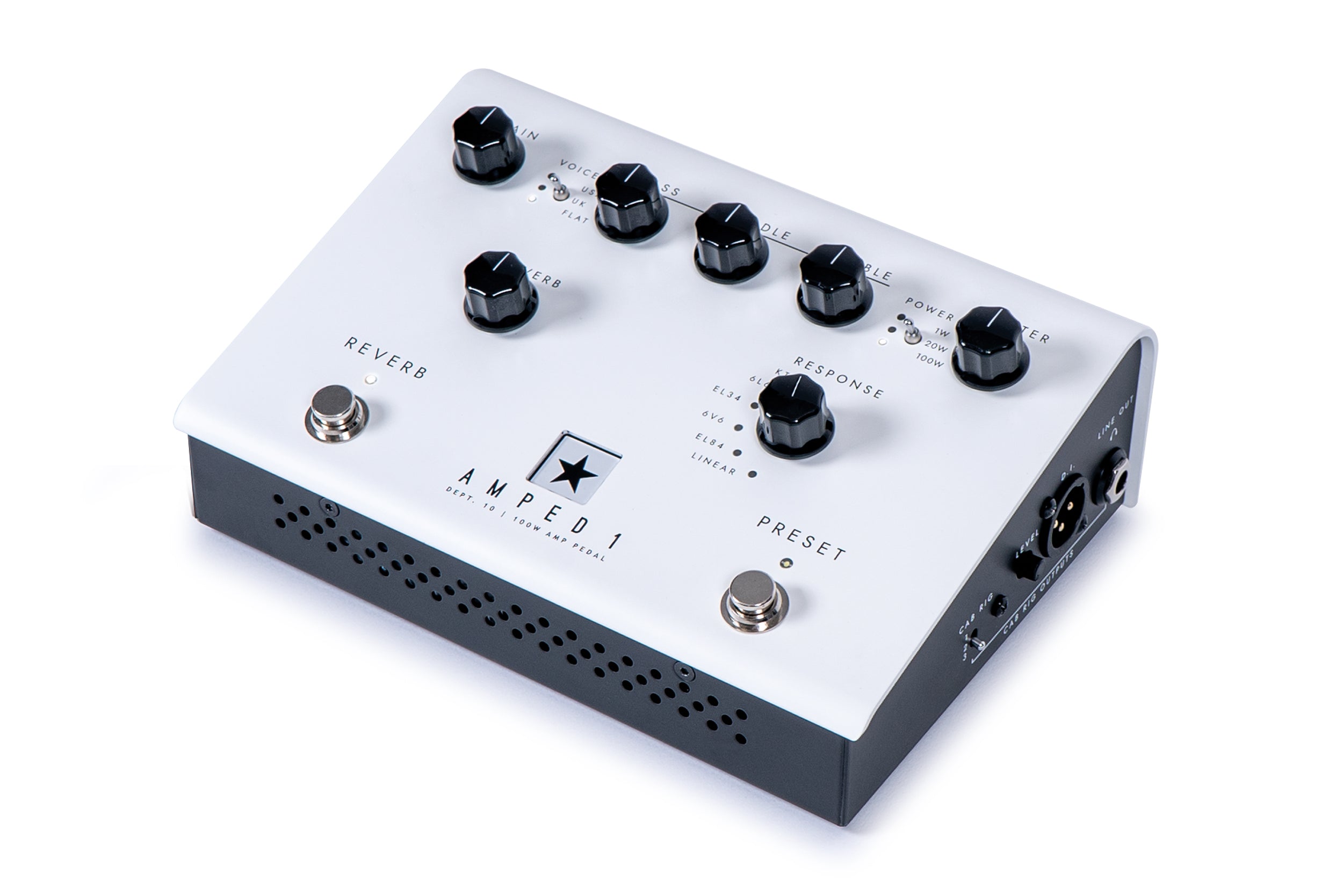 White and black guitar amplifier pedal with seven control knobs, two footswitches labeled Reverb and Preset, and input/output jacks on the side.