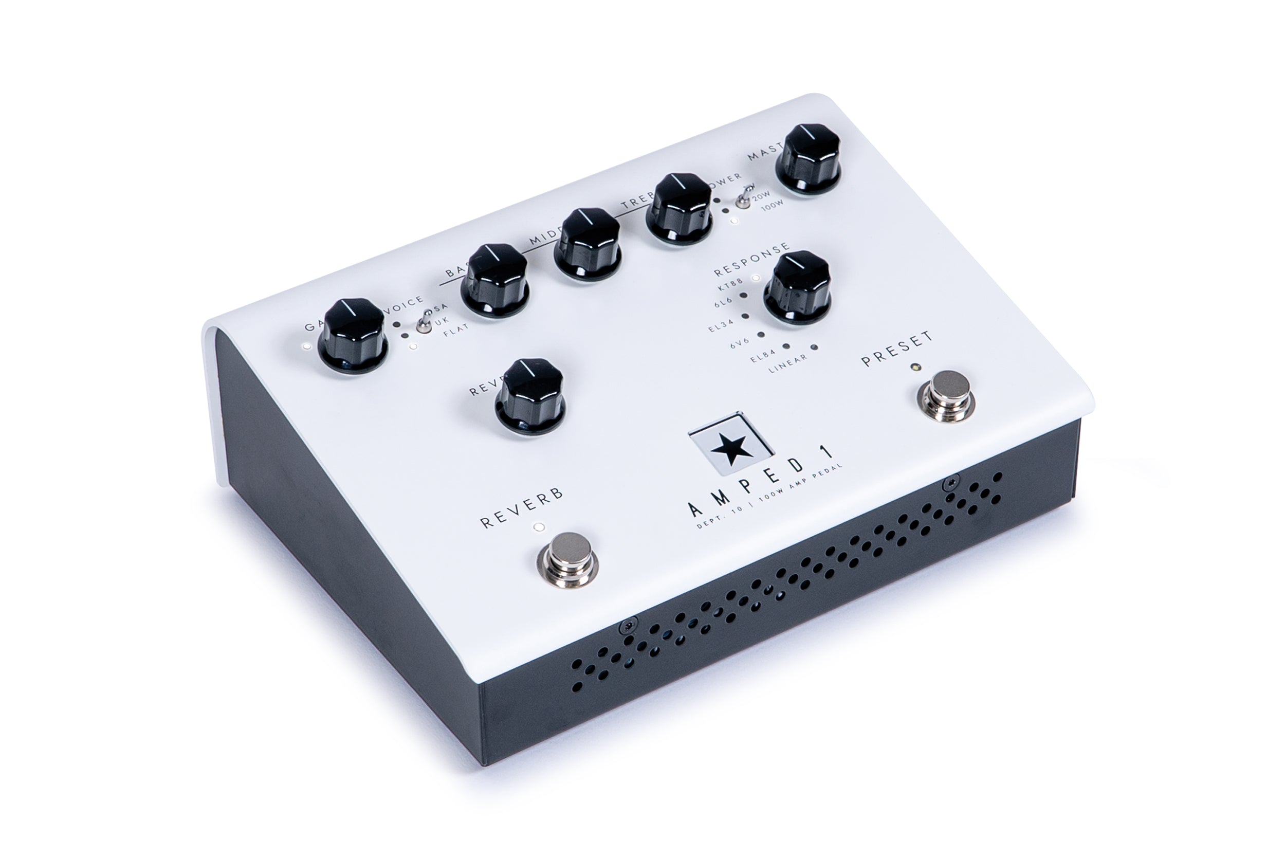 White rectangular amplifier pedal with seven black control knobs, two footswitches labeled Reverb and Preset, front panel labeled AMPED 1.