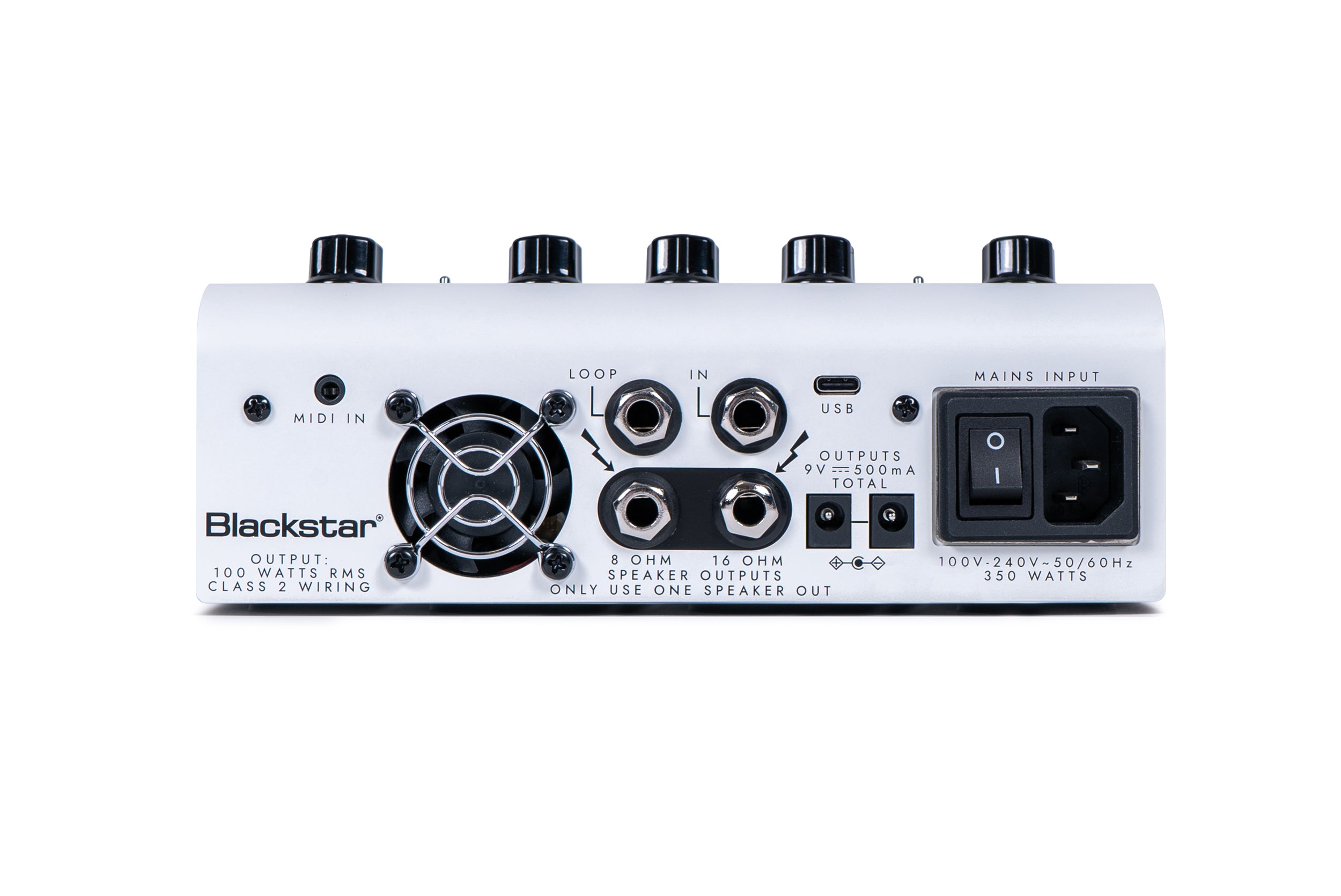 Back panel of a Blackstar amplifier with power switch, mains input, MIDI in, USB port, fan, loop jacks, speaker outputs, and power output ports.