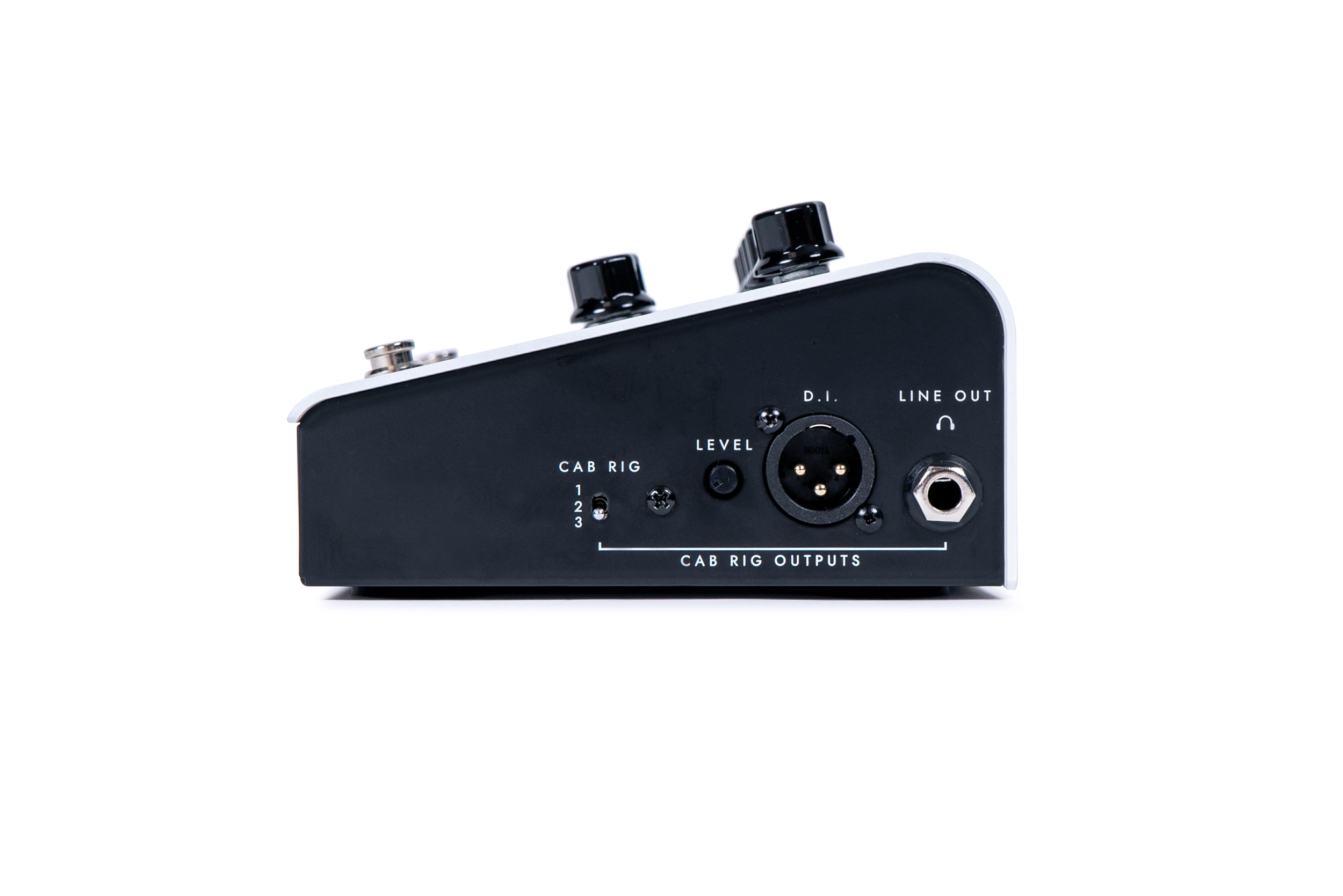 Black amplifier side view with three knobs on top, XLR D.I. output, 1/4-inch line out, cab rig selector switch, and level control on the side panel.