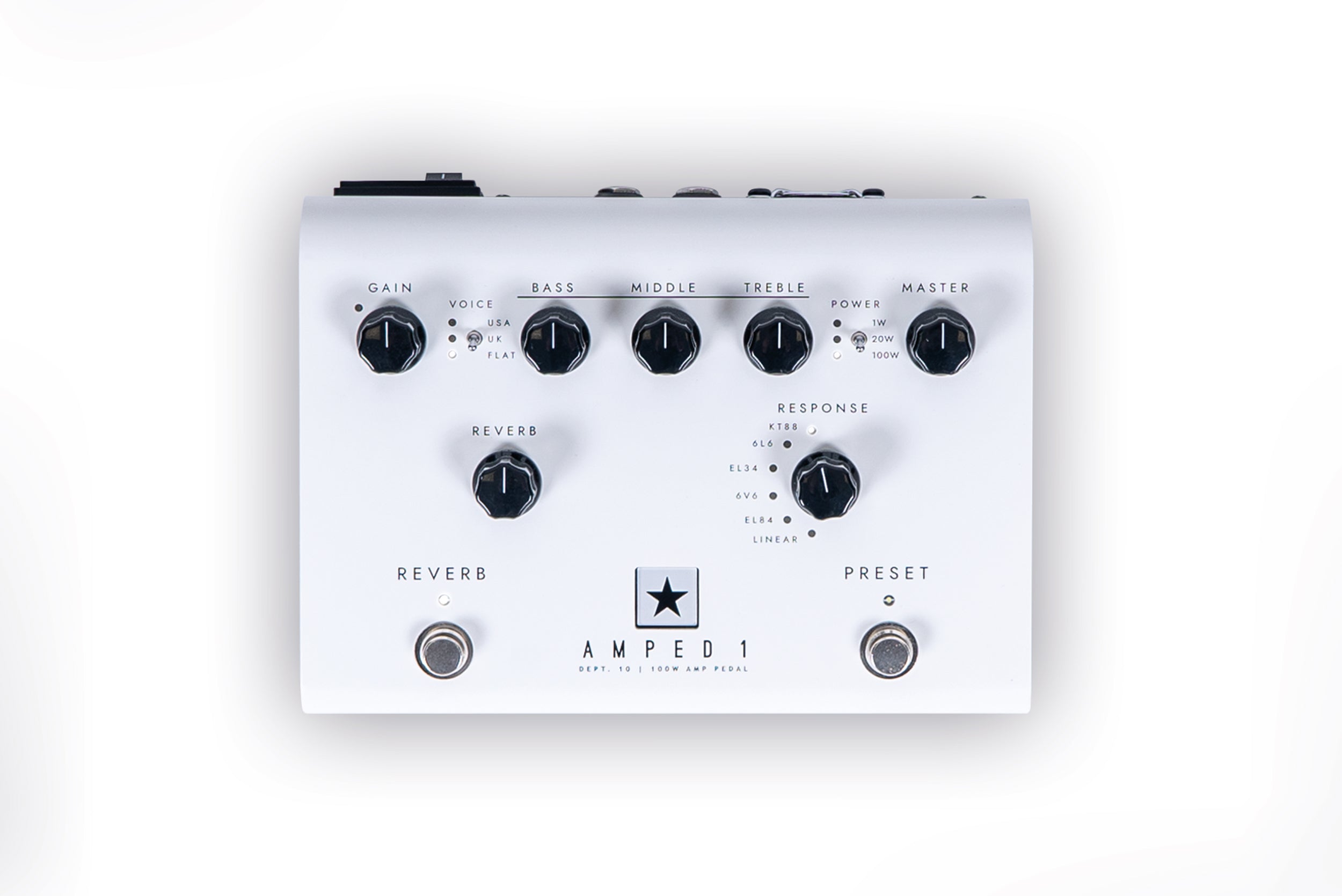 White amplifier pedal with seven black knobs labeled gain, bass, middle, treble, master, reverb, and response, plus two footswitches for reverb and preset.