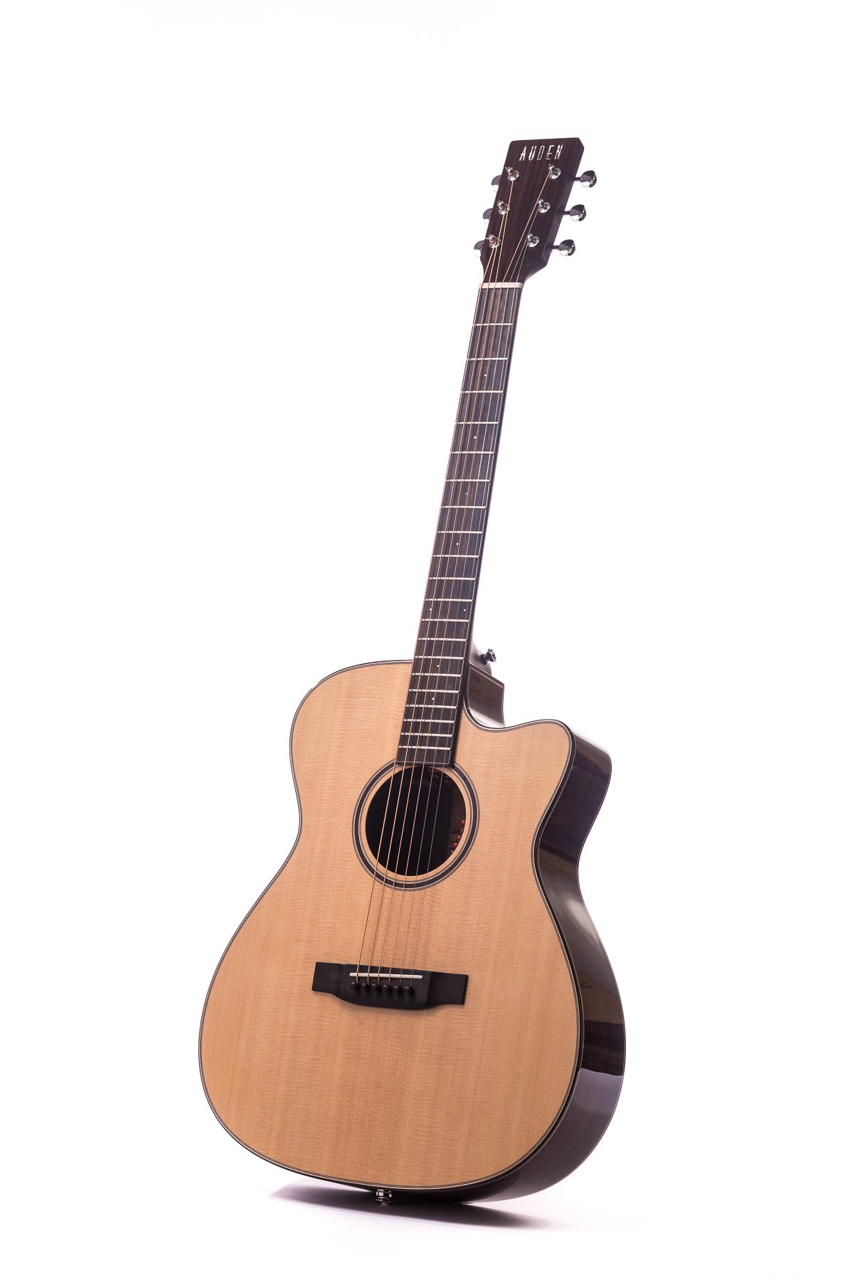 Natural wood finish acoustic guitar with a single cutaway, six steel strings, dark sides and neck, and chrome tuning pegs.