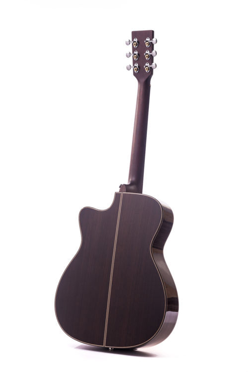 Dark wood acoustic guitar shown from the back, highlighting its smooth, glossy finish and cutaway body design.