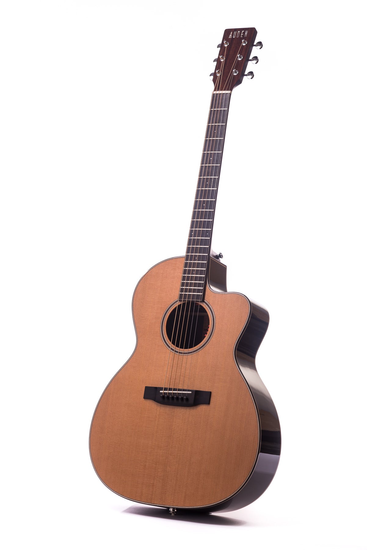 Cutaway acoustic guitar with a natural wood finish, six strings, dark fretboard, and the word "Auden" on the headstock.