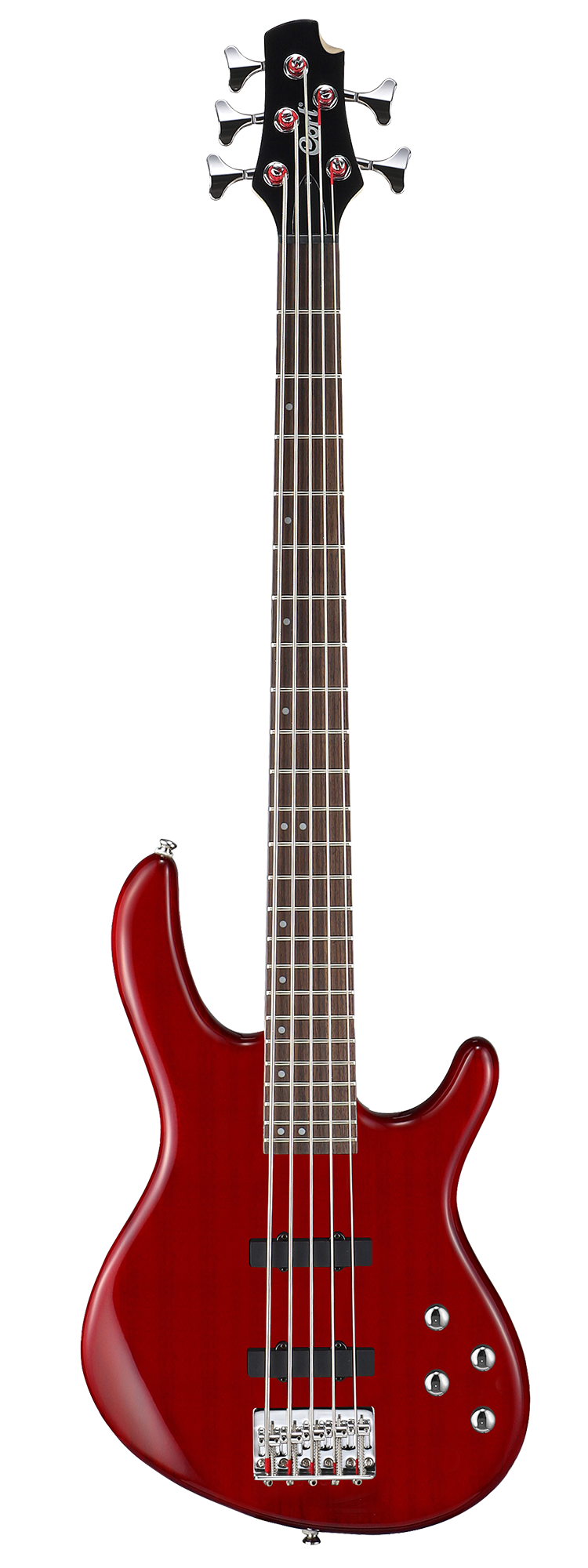 Five-string bass guitar with a glossy red curved body, two black pickups, four silver control knobs, and chrome tuning pegs.