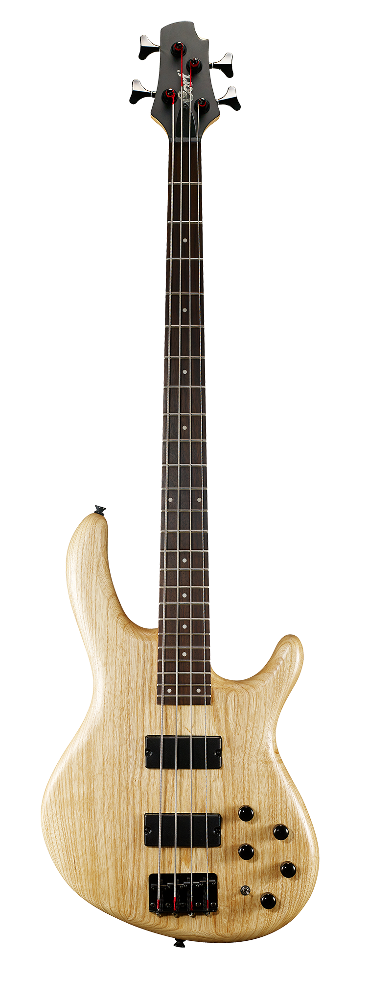 Natural wood finish electric bass with four strings, black pickups, four control knobs, and silver tuning pegs on a dark headstock.