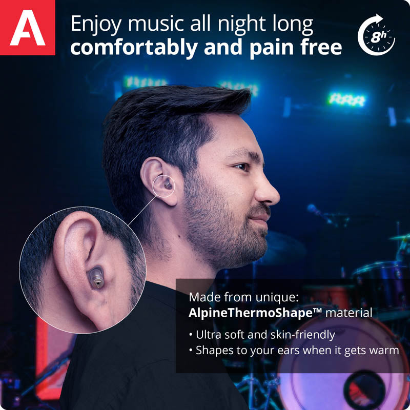 Man wearing soft earplugs at a concert, with text highlighting comfort, pain-free use, and AlpineThermoShape material that molds to the ear.
