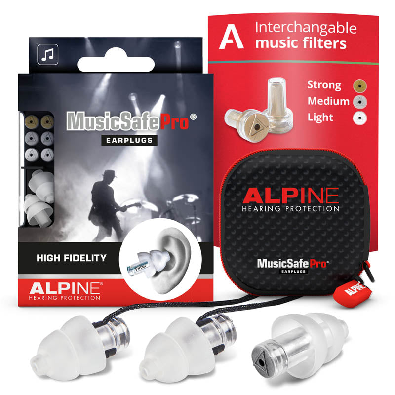 Alpine MusicSafe Pro earplugs with interchangeable strong, medium, and light music filters and a black zippered carrying case.