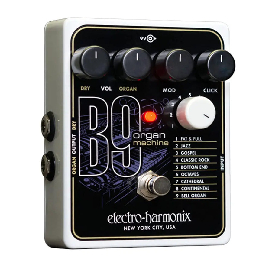 Electro-Harmonix B9 Organ Machine effects pedal with five black knobs, one white knob, footswitch, and nine organ sound settings.