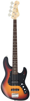 Four-string bass guitar with a sunburst body, black pickguard, chrome hardware, and a maple headstock with four tuning pegs in a row.