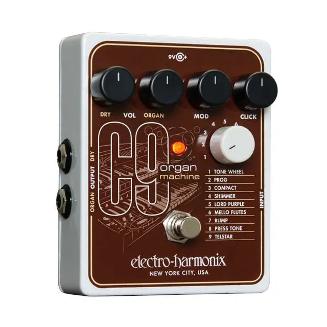 Electro-Harmonix C9 Organ Machine effects pedal with five black knobs, a white rotary selector, a footswitch, and brown graphics.