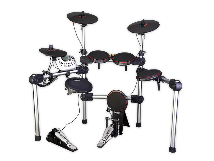 Electronic drum kit with multiple black drum pads, cymbals, and foot pedals mounted on a metal frame with control module.