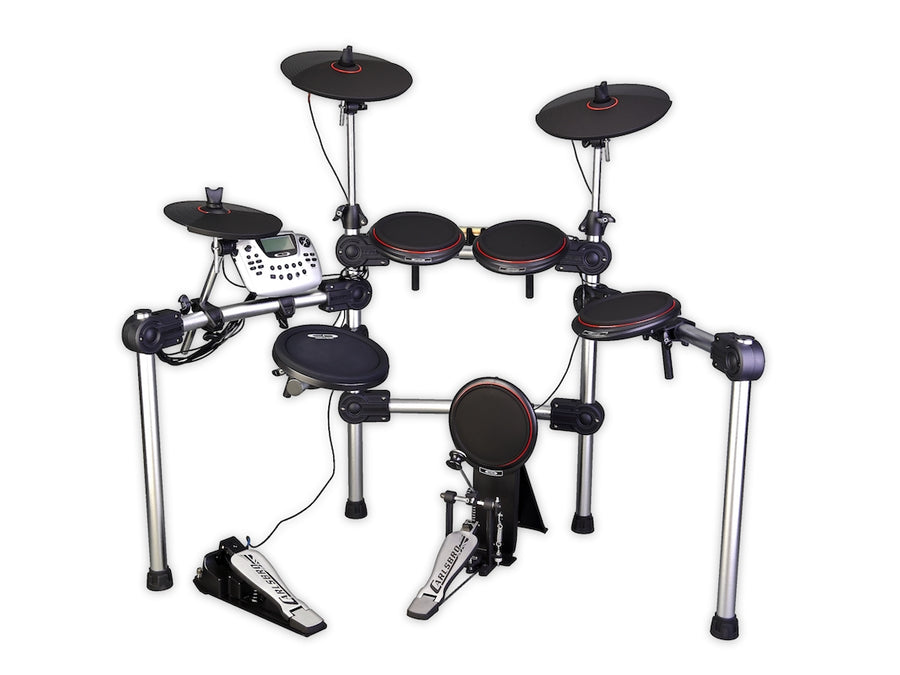 Electronic drum kit with three cymbals, five drum pads, two foot pedals, control module, and a silver metal frame.