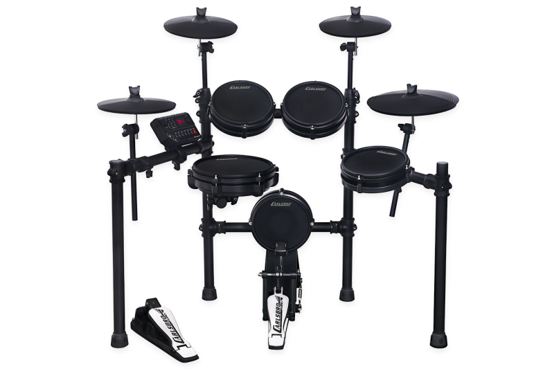 Black electronic drum kit with four drum pads, three cymbal pads, two foot pedals, and a digital control panel on a metal frame.