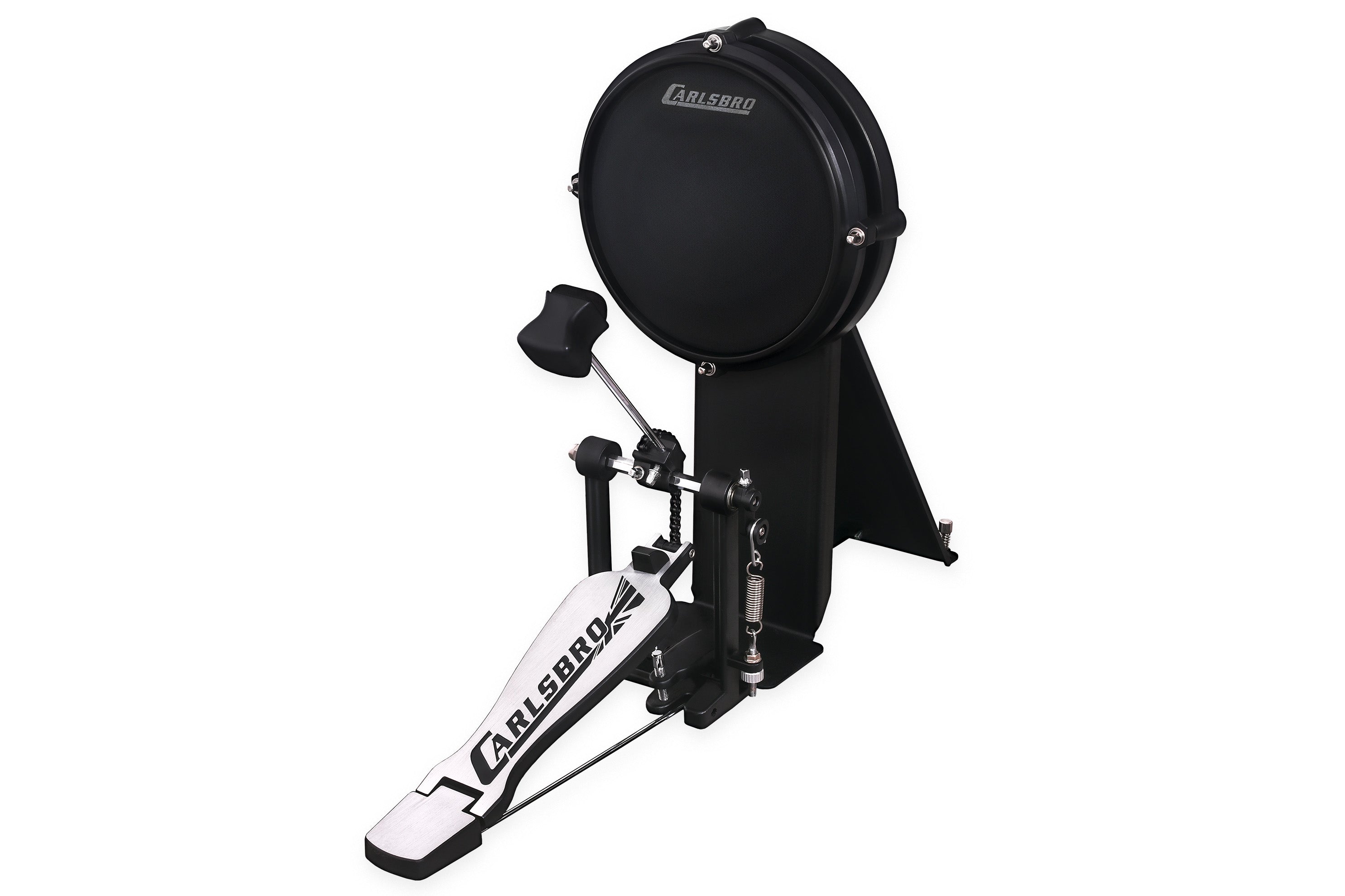 Black electronic drum kick pad with a round striking surface, mounted pedal and beater, branded “Carlsbro” on the pedal and drum head.