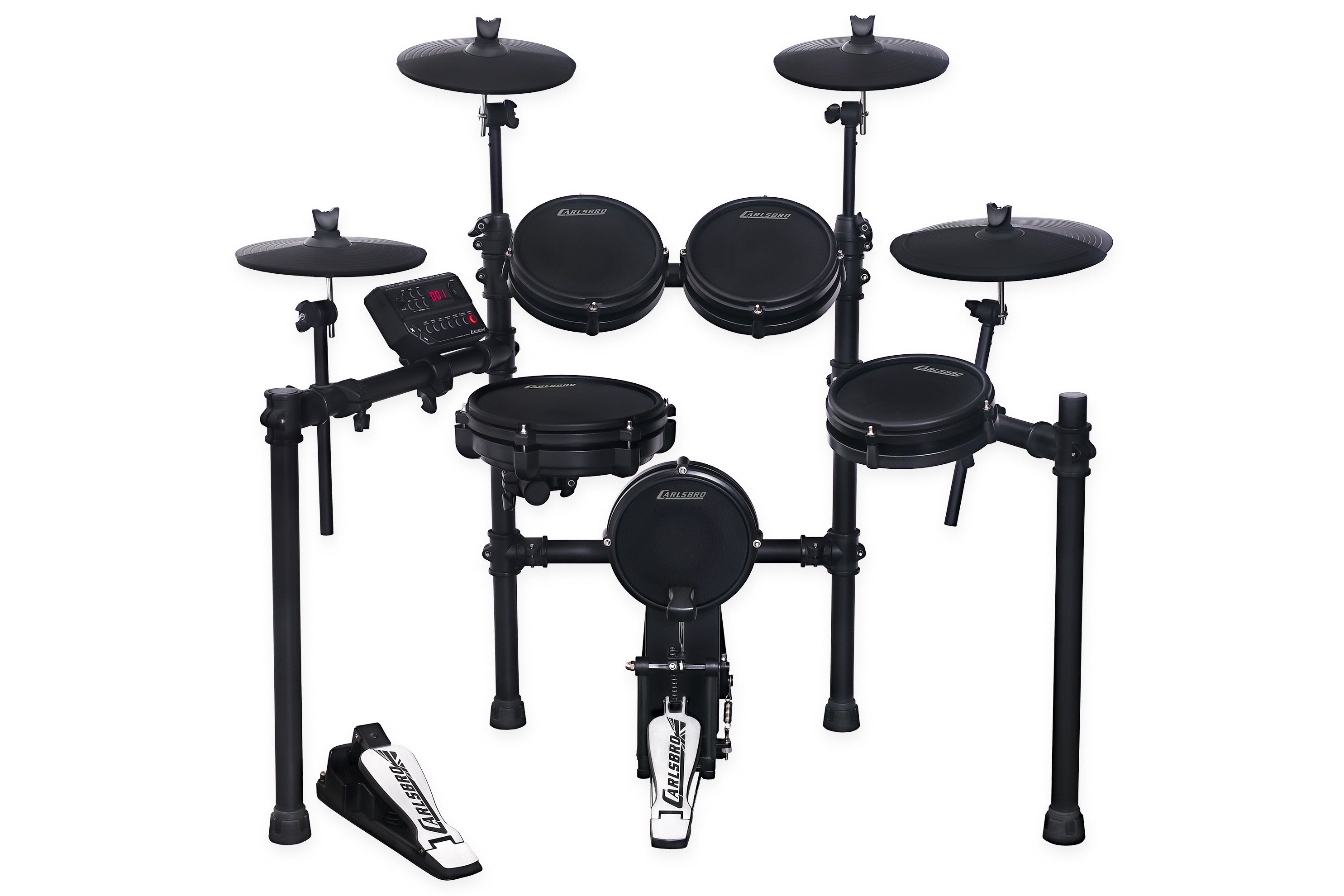 Compact electronic drum kit with five drum pads, three cymbal pads, two pedals, and a control module, all mounted on a black metal frame.