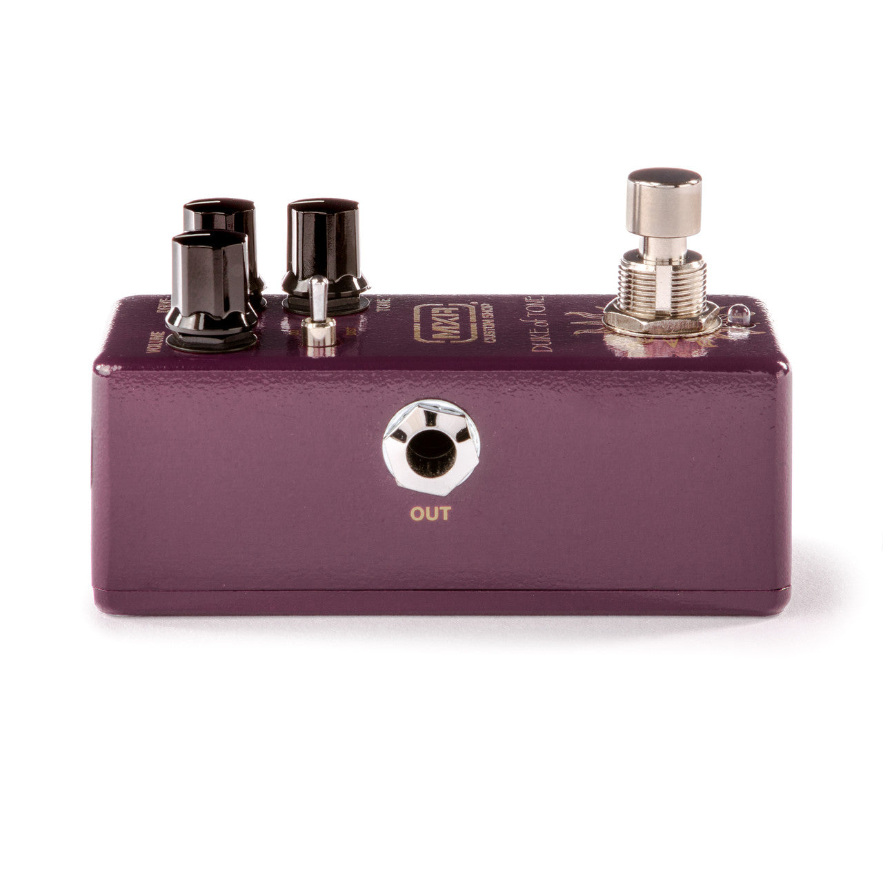 Purple effects pedal with three black control knobs, a silver footswitch, and an output jack labeled "OUT" on the front side.