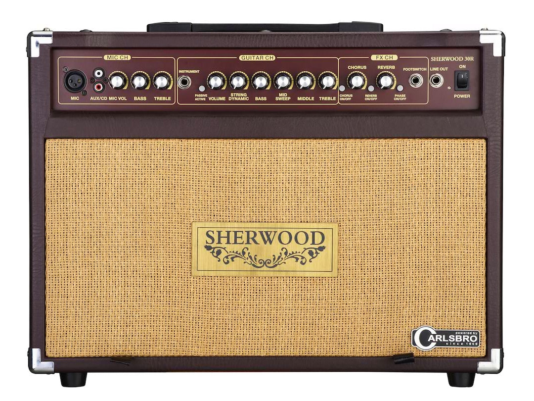 Brown Sherwood guitar amplifier with beige speaker grille, multiple control knobs, input jacks, labeled switches, and Carlsbro branding on the front.