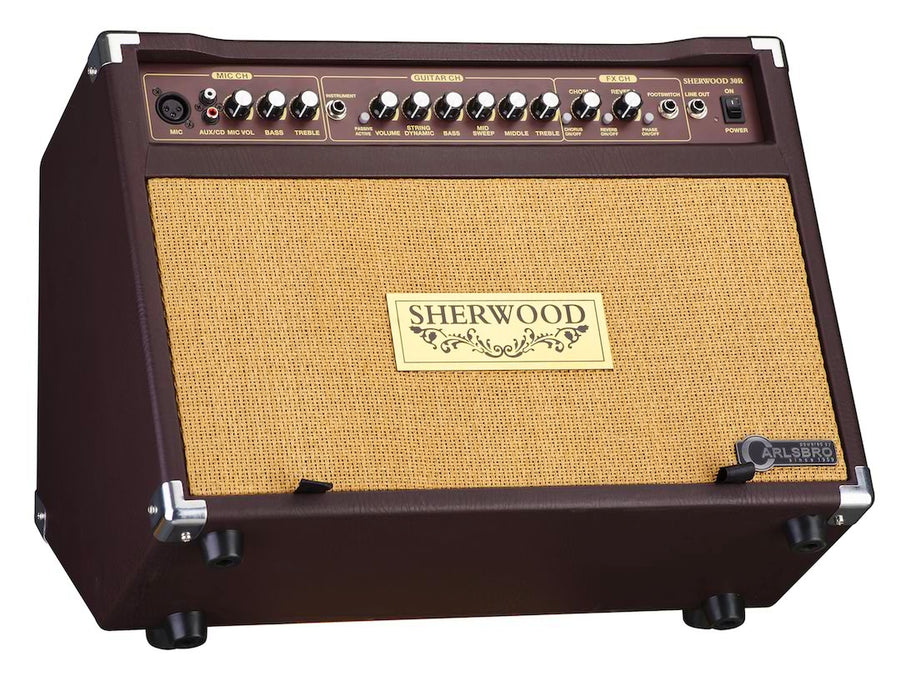 Brown and tan Sherwood amplifier with multiple control knobs, labeled input jacks, and a large woven fabric speaker panel on the front.